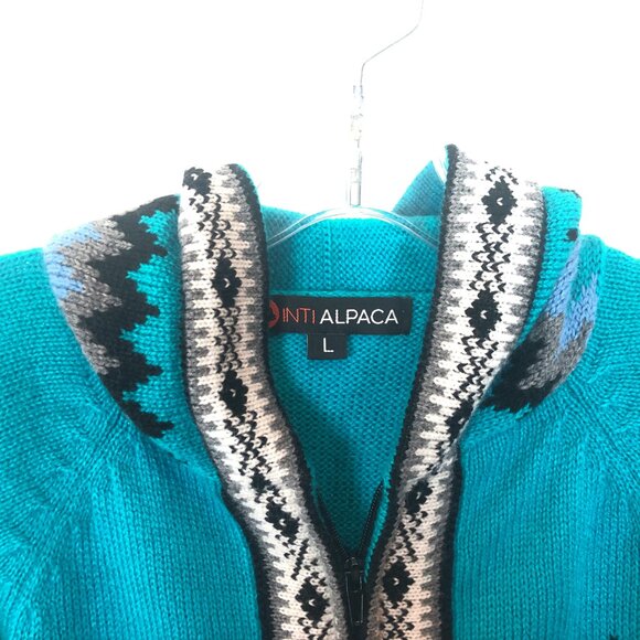 Womens Size Large Inti Alpaca Electric Blue Wool Knit Hooded Full Zip Jacket - Picture 2 of 3